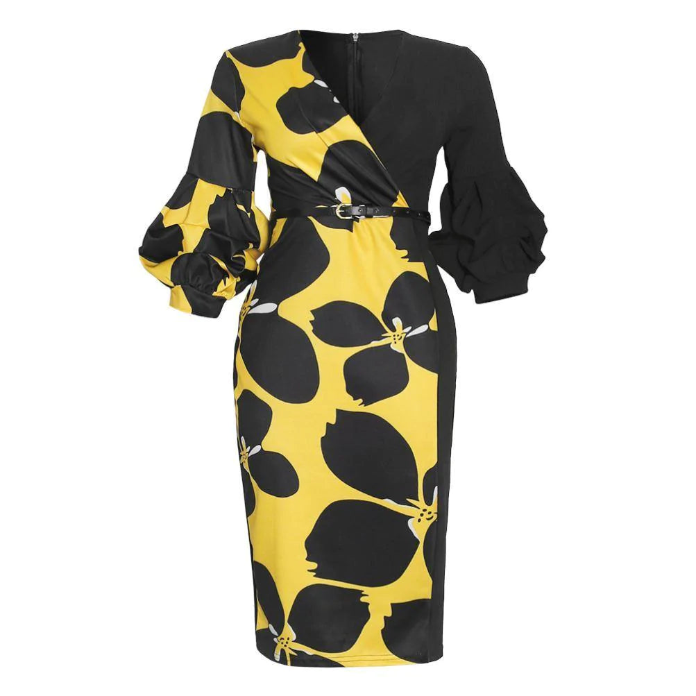 African Woman's Print Stitching V-Neck Lantern Sleeve Dress - melvincucci