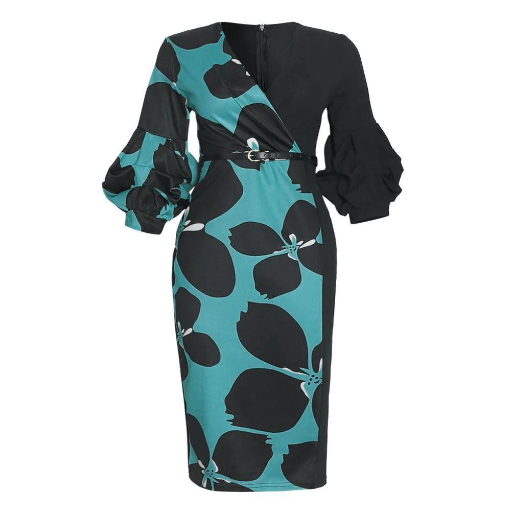 African Woman's Print Stitching V-Neck Lantern Sleeve Dress - melvincucci