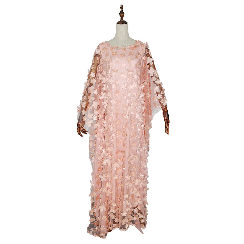 African Women's Dress Three-dimensional Embroidered Flower Net Yarn Crew Neck - melvincucci