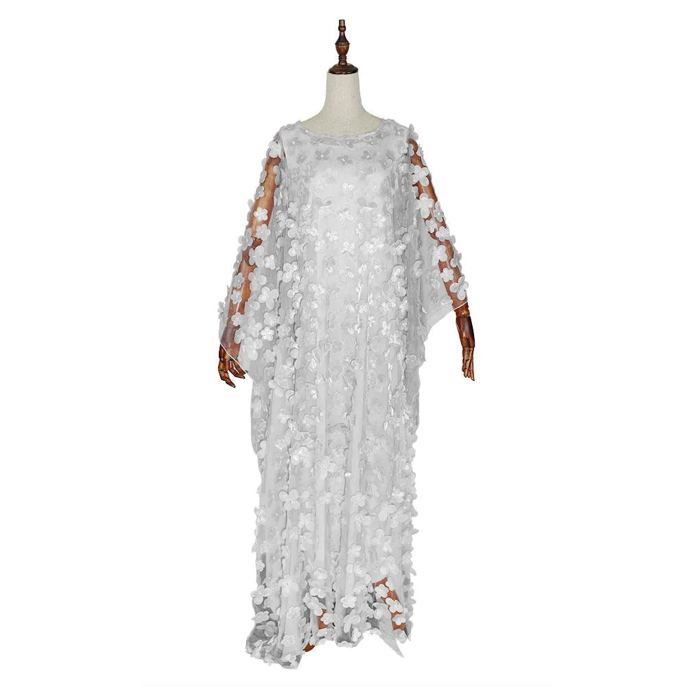 African Women's Dress Three-dimensional Embroidered Flower Net Yarn Crew Neck - melvincucci