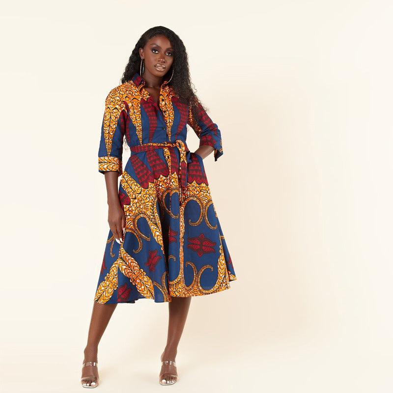 African Women's Long Sleeve Printed Shirt Dress - melvincucci