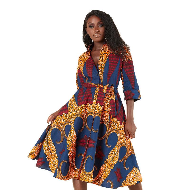 African Women's Long Sleeve Printed Shirt Dress - melvincucci