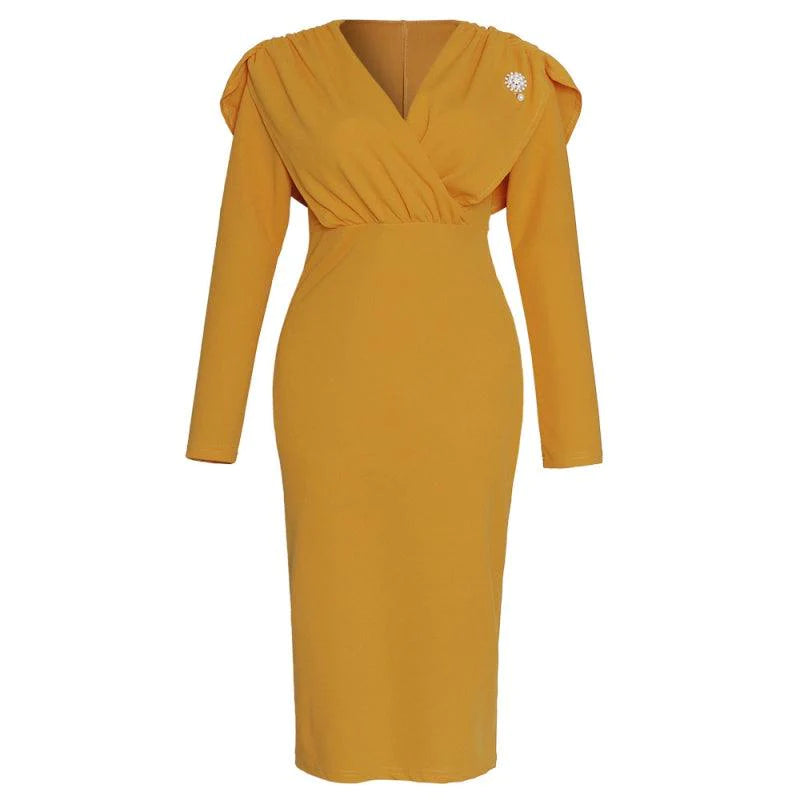 African Women's Office Bag Hip V-neck Dress With Brooch - melvincucci
