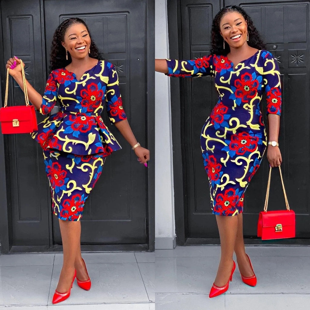 African Women's Printed Round Neck Dress Two Piece Set - melvincucci