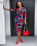 African Women's Printed Round Neck Dress Two Piece Set - melvincucci
