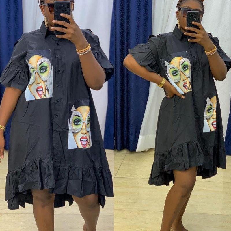 African Women's Sticker Ruffled Loose Shirt Dress - melvincucci