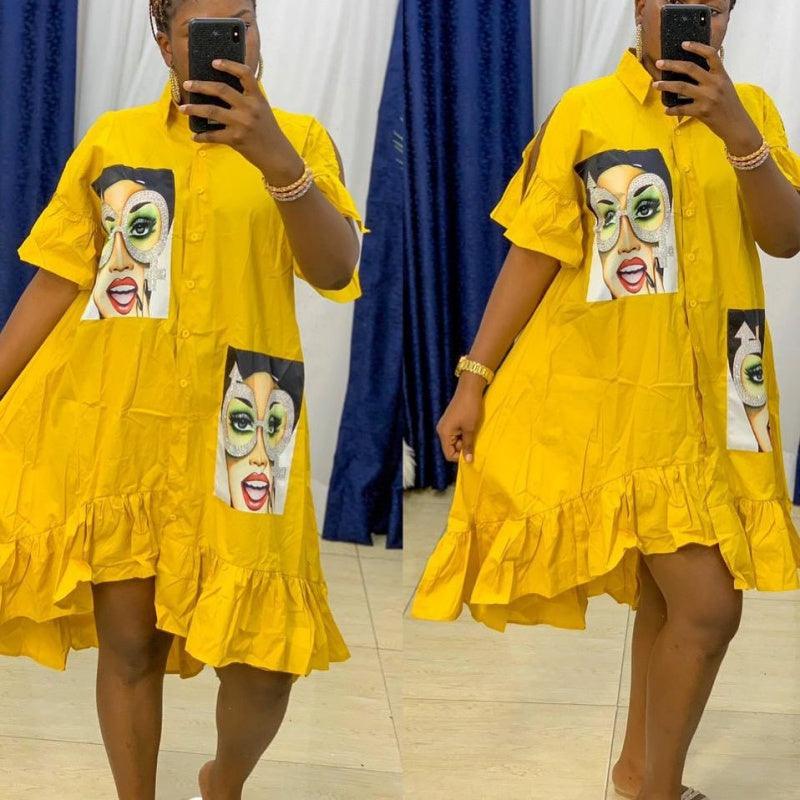 African Women's Sticker Ruffled Loose Shirt Dress - melvincucci