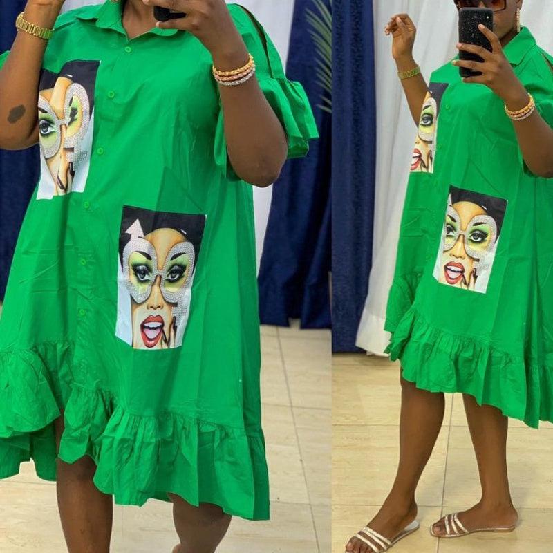 African Women's Sticker Ruffled Loose Shirt Dress - melvincucci