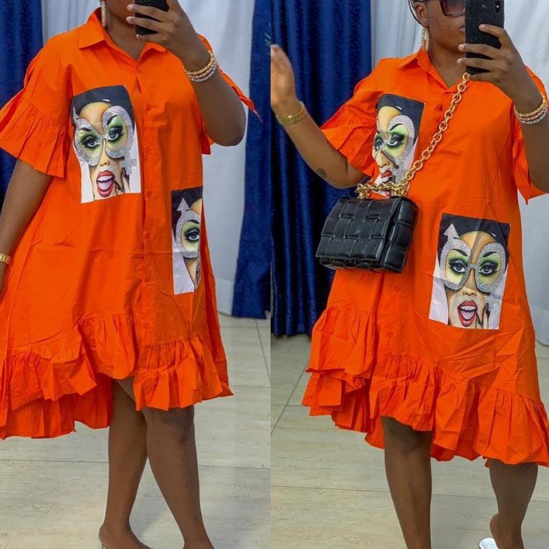 African Women's Sticker Ruffled Loose Shirt Dress - melvincucci
