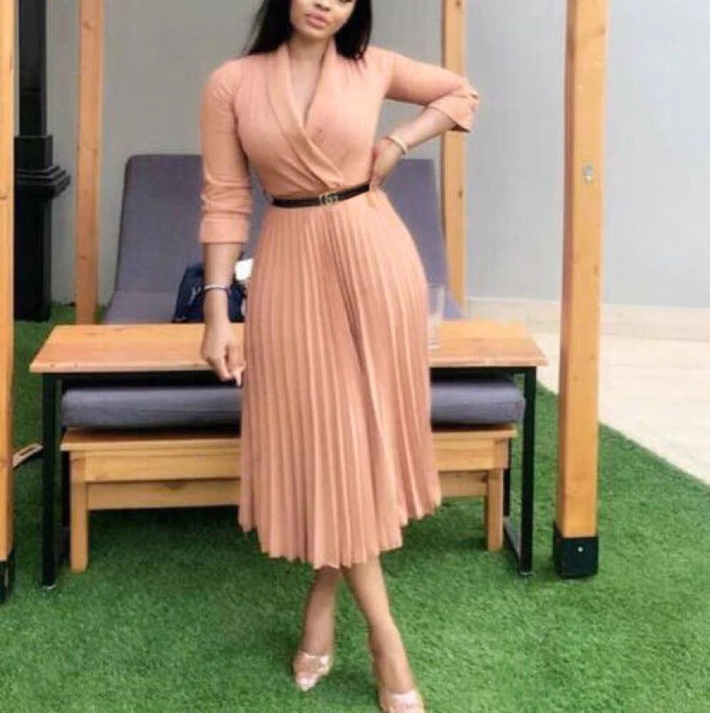 African women's V-neck pleated skirt dress with belt - melvincucci
