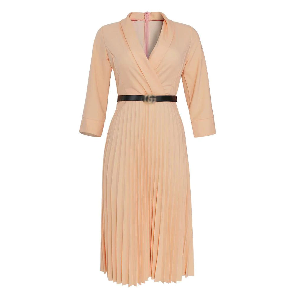 African women's V-neck pleated skirt dress with belt - melvincucci