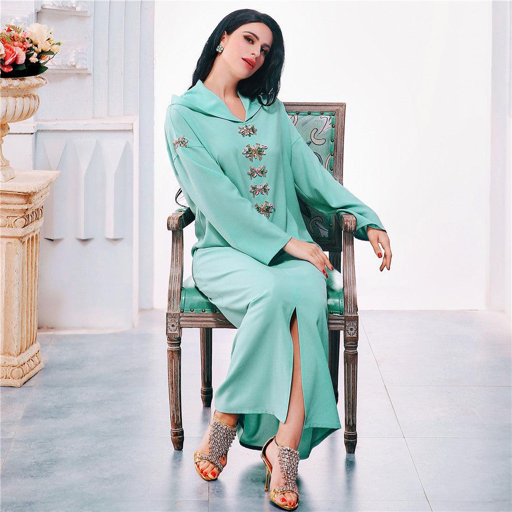 Aqua Green Handmade Diamond Hooded Robe ABAYA Muslim - melvincucci
