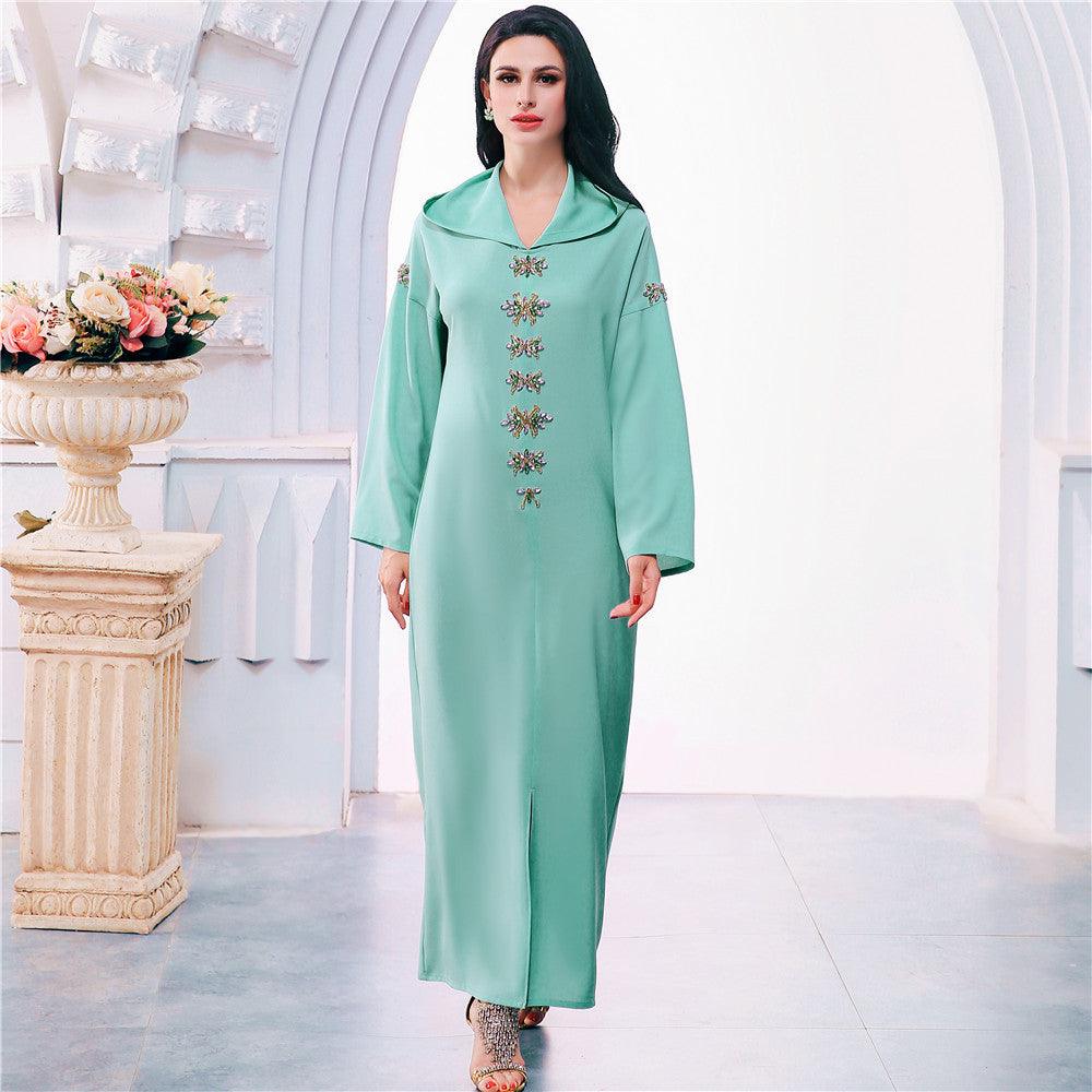 Aqua Green Handmade Diamond Hooded Robe ABAYA Muslim - melvincucci