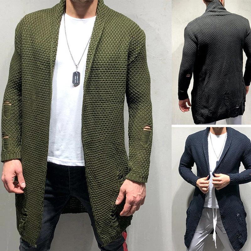 Autumn And Winter 2021 New Foreign Trade Cardigan Sleeve Holes Men'S Wear Medium Length Cardigan Sweater Knitwear - melvincucci