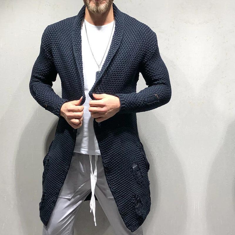 Autumn And Winter 2021 New Foreign Trade Cardigan Sleeve Holes Men'S Wear Medium Length Cardigan Sweater Knitwear - melvincucci