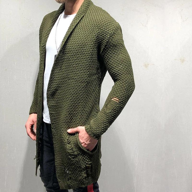 Autumn And Winter 2021 New Foreign Trade Cardigan Sleeve Holes Men'S Wear Medium Length Cardigan Sweater Knitwear - melvincucci
