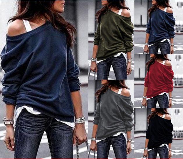 Autumn and Winter Fashion Casual New Slant Collar Long Sleeve Loose T-shirt - melvincucci
