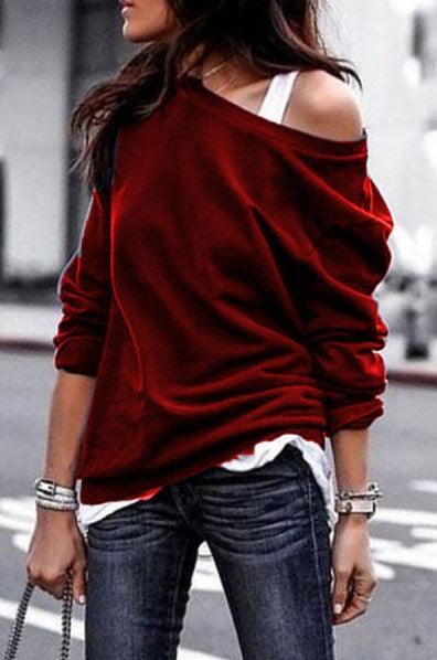Autumn and Winter Fashion Casual New Slant Collar Long Sleeve Loose T-shirt - melvincucci