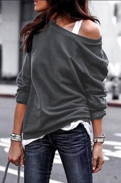 Autumn and Winter Fashion Casual New Slant Collar Long Sleeve Loose T-shirt - melvincucci