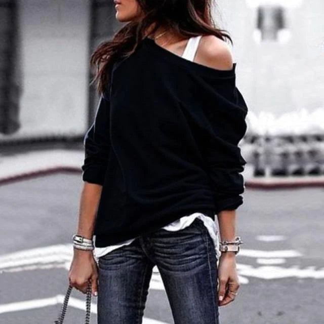 Autumn and Winter Fashion Casual New Slant Collar Long Sleeve Loose T-shirt - melvincucci