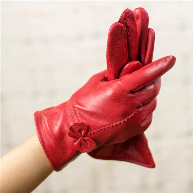 Autumn And Winter Sheep Leather Gloves Women Driving Cold Red Cute Bow Women Plus Velvet Warm Leather Gloves - melvincucci
