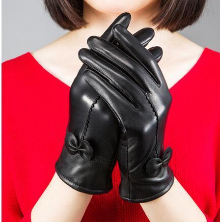 Autumn And Winter Sheep Leather Gloves Women Driving Cold Red Cute Bow Women Plus Velvet Warm Leather Gloves - melvincucci