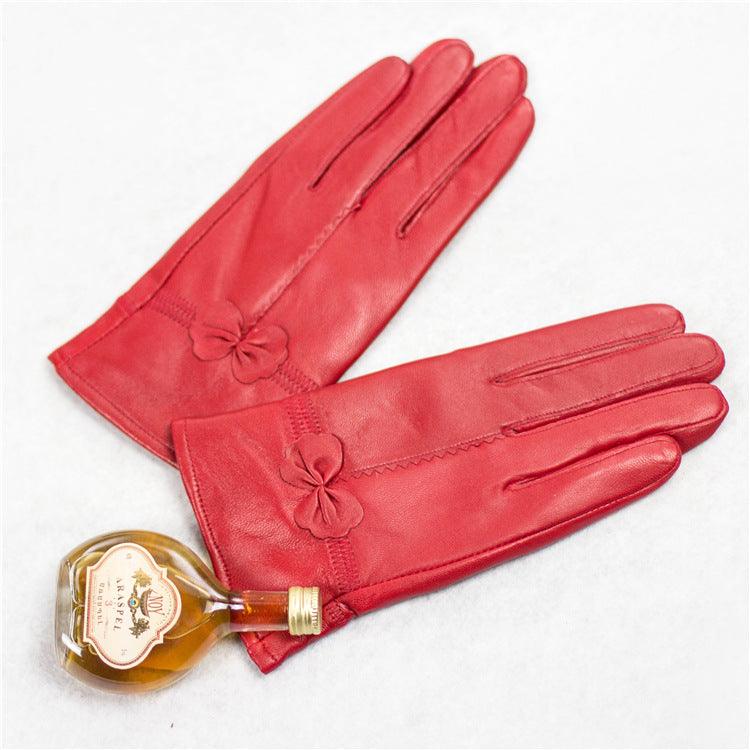 Autumn And Winter Sheep Leather Gloves Women Driving Cold Red Cute Bow Women Plus Velvet Warm Leather Gloves - melvincucci