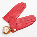 Autumn And Winter Sheep Leather Gloves Women Driving Cold Red Cute Bow Women Plus Velvet Warm Leather Gloves - melvincucci