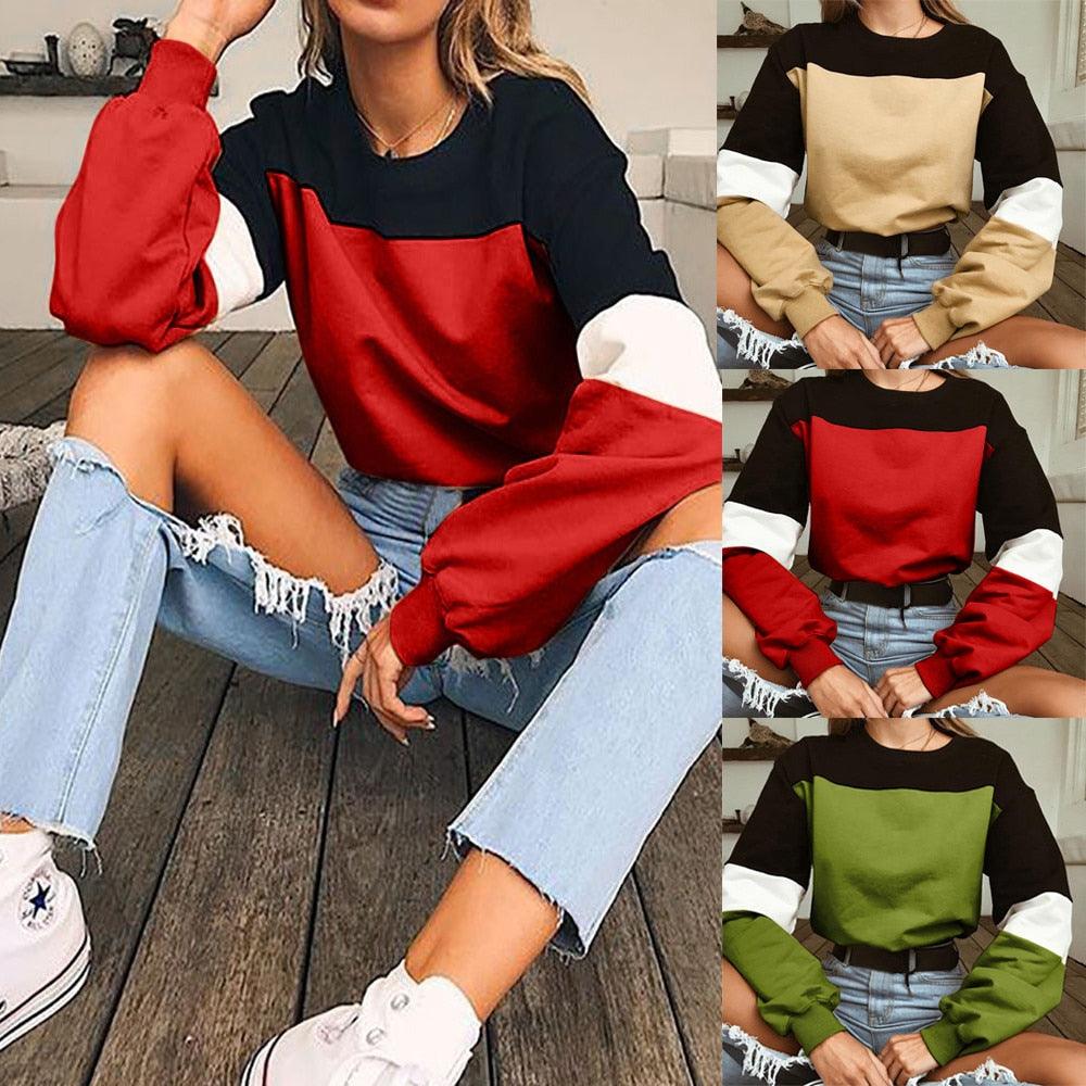 Autumn Fashion Patchwork Color Sweatshirts Womens 2021 Long Sleeve Sweatshirt Hoodies Tops - melvincucci