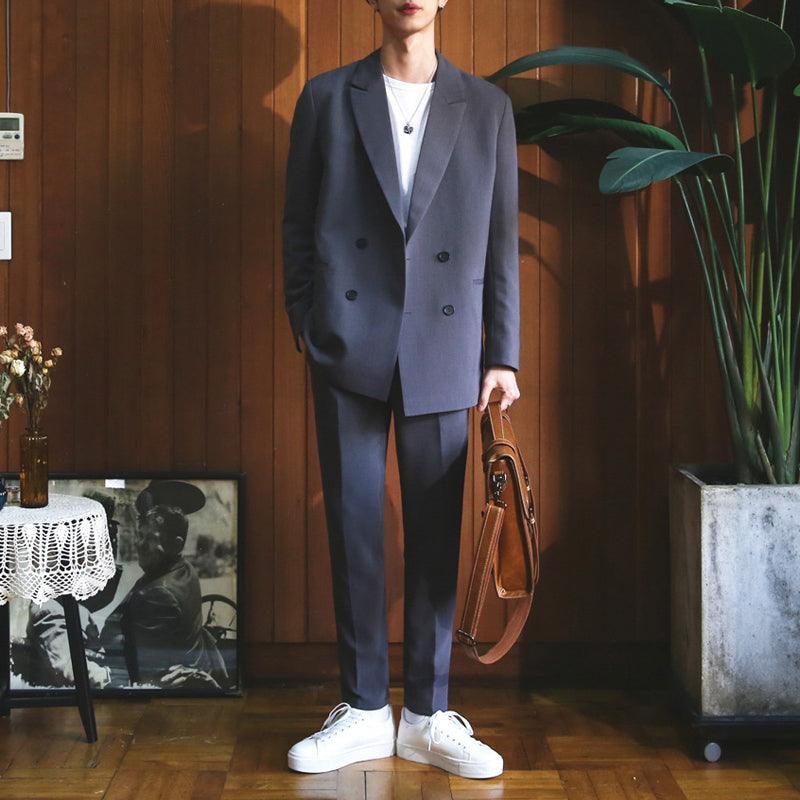 The handsome Korean style suit men's self-cultivation fashion retro casual British style handsome suit double-breasted two-piece suit - melvincucci