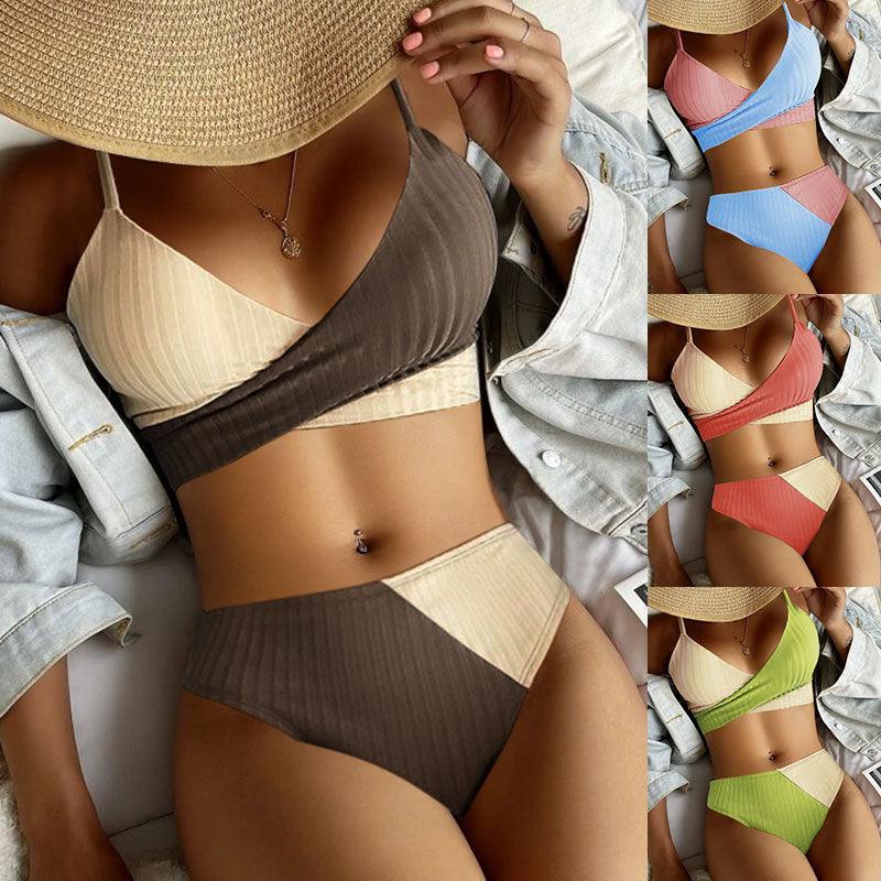 Bikini Patchwork Swimwear Ribbed Women's Swimsuit 2022 Knot Back Beachwear Ruched Butt Biquinis Bathing Suits - melvincucci