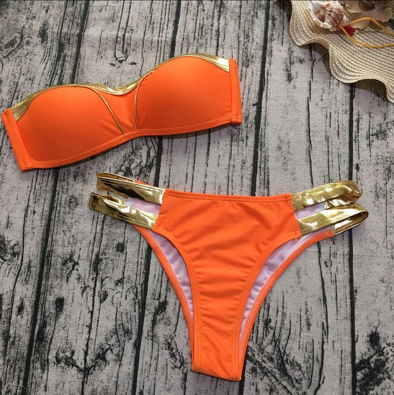 Bikinis Set Women Swimwear Push Up Paded Bikinis Bronzing Solid Swumsuit Strapless Women Beachwear Bathing Suit - melvincucci