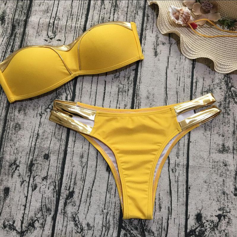 Bikinis Set Women Swimwear Push Up Paded Bikinis Bronzing Solid Swumsuit Strapless Women Beachwear Bathing Suit - melvincucci