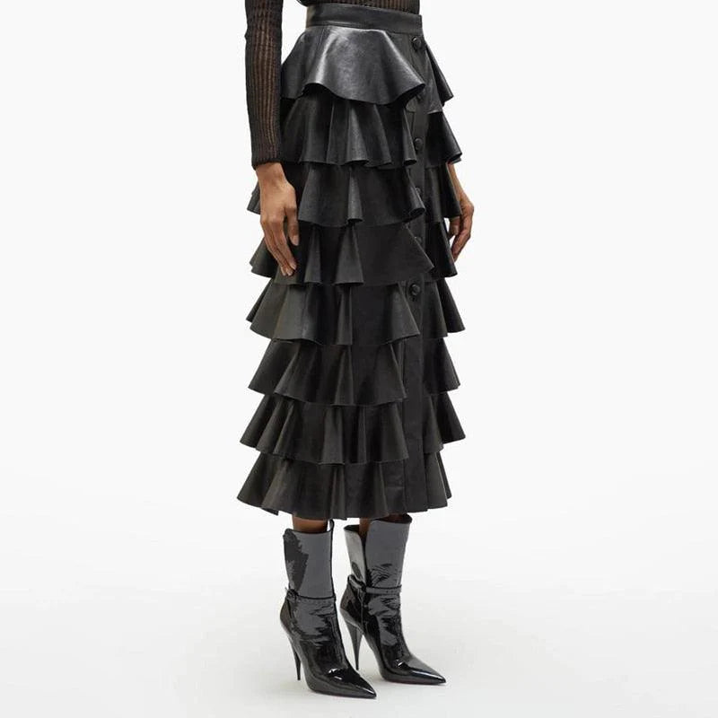 Black PU leather thin ruffled cake skirt - melvincucci