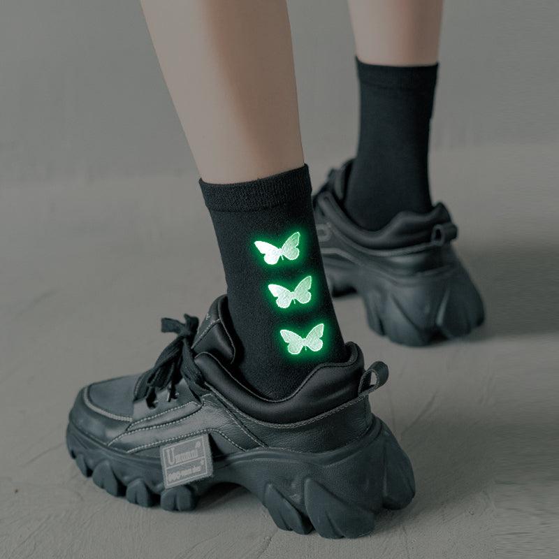 Black socks women luminous butterfly tube socks - melvincucci