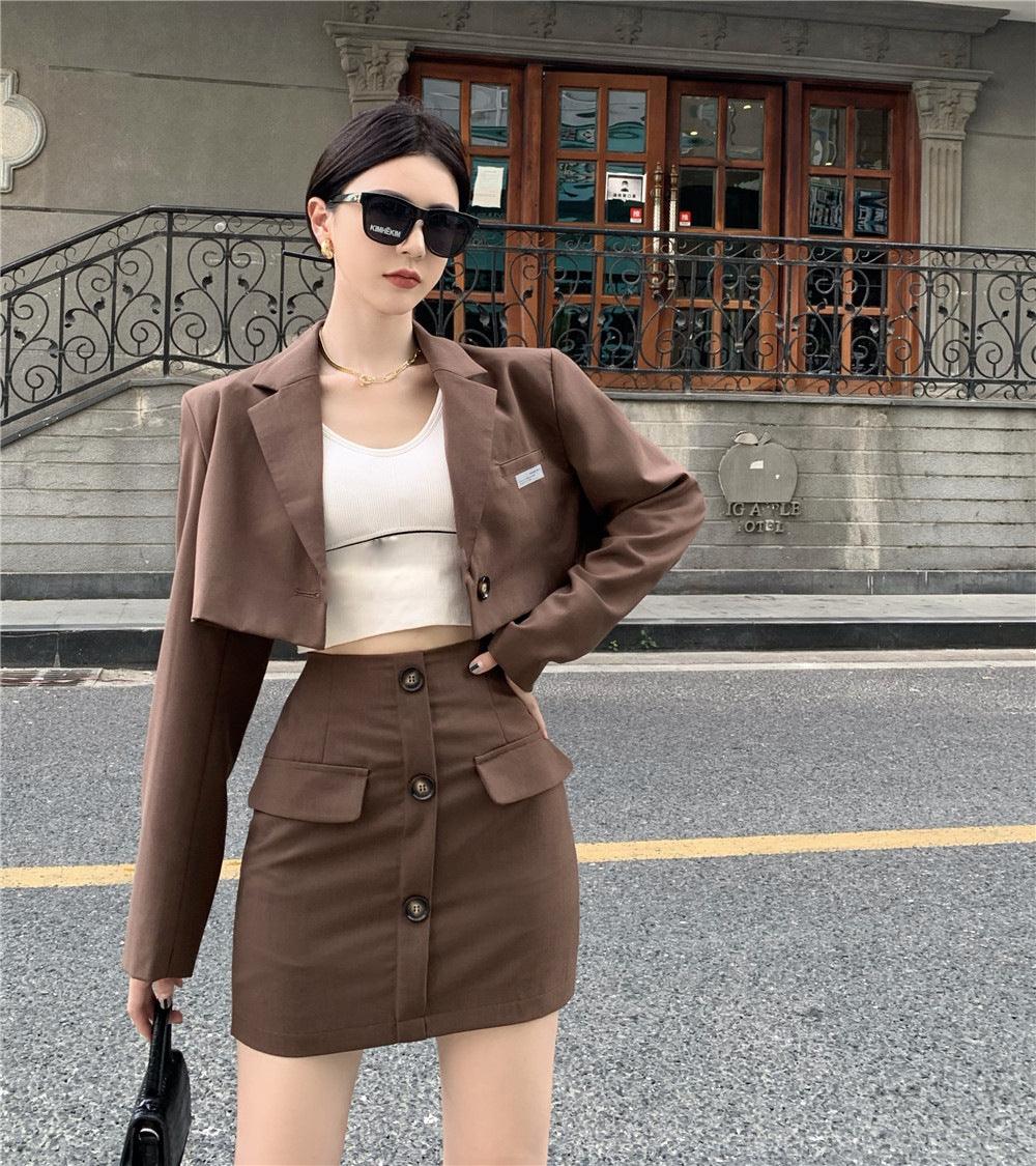 Blazer High Waist A Line Skirt Coffee Color Hong Kong Style Suit Women - melvincucci