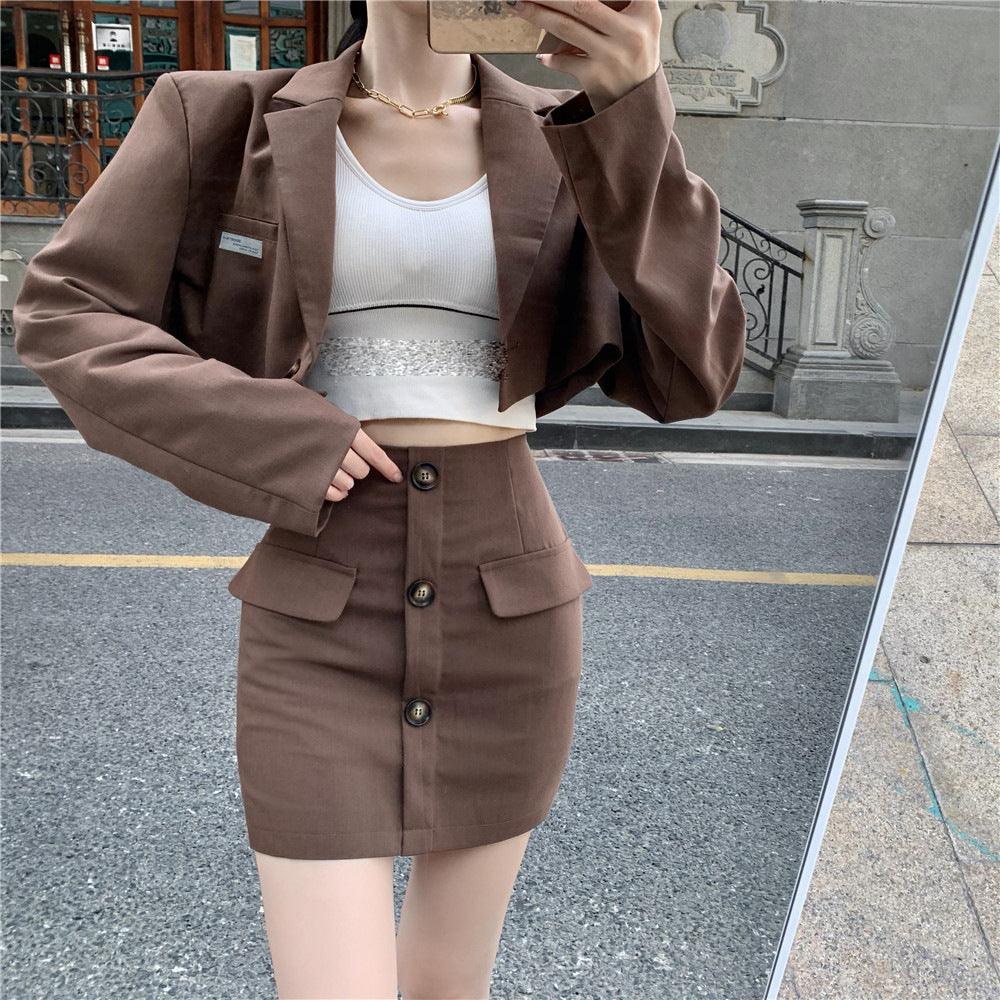 Blazer High Waist A Line Skirt Coffee Color Hong Kong Style Suit Women - melvincucci