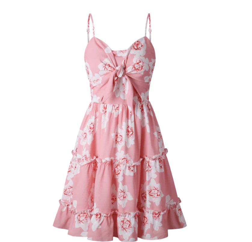 Bow Ruffled Sling Print Large Swing Dress - melvincucci
