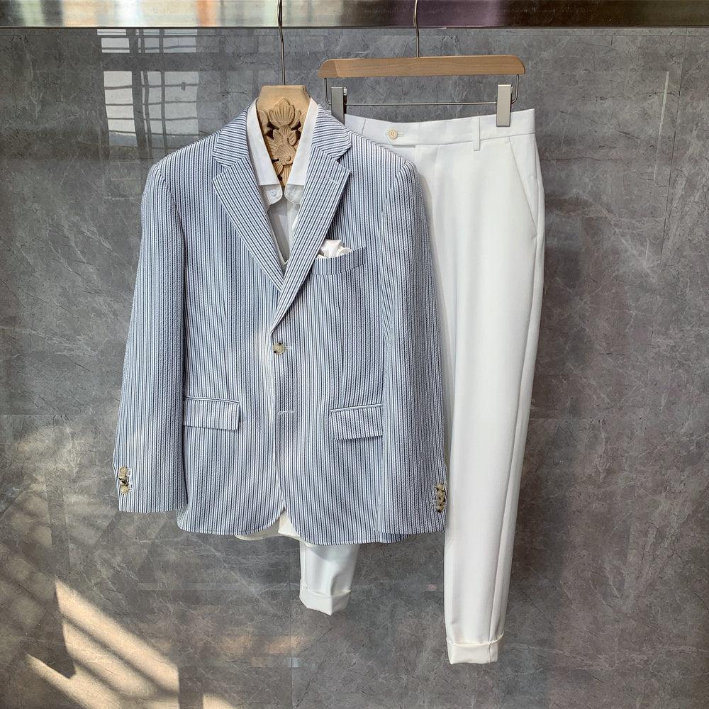 British Wind Blue White Stripe Slim Fit Blazer For Men - melvincucci