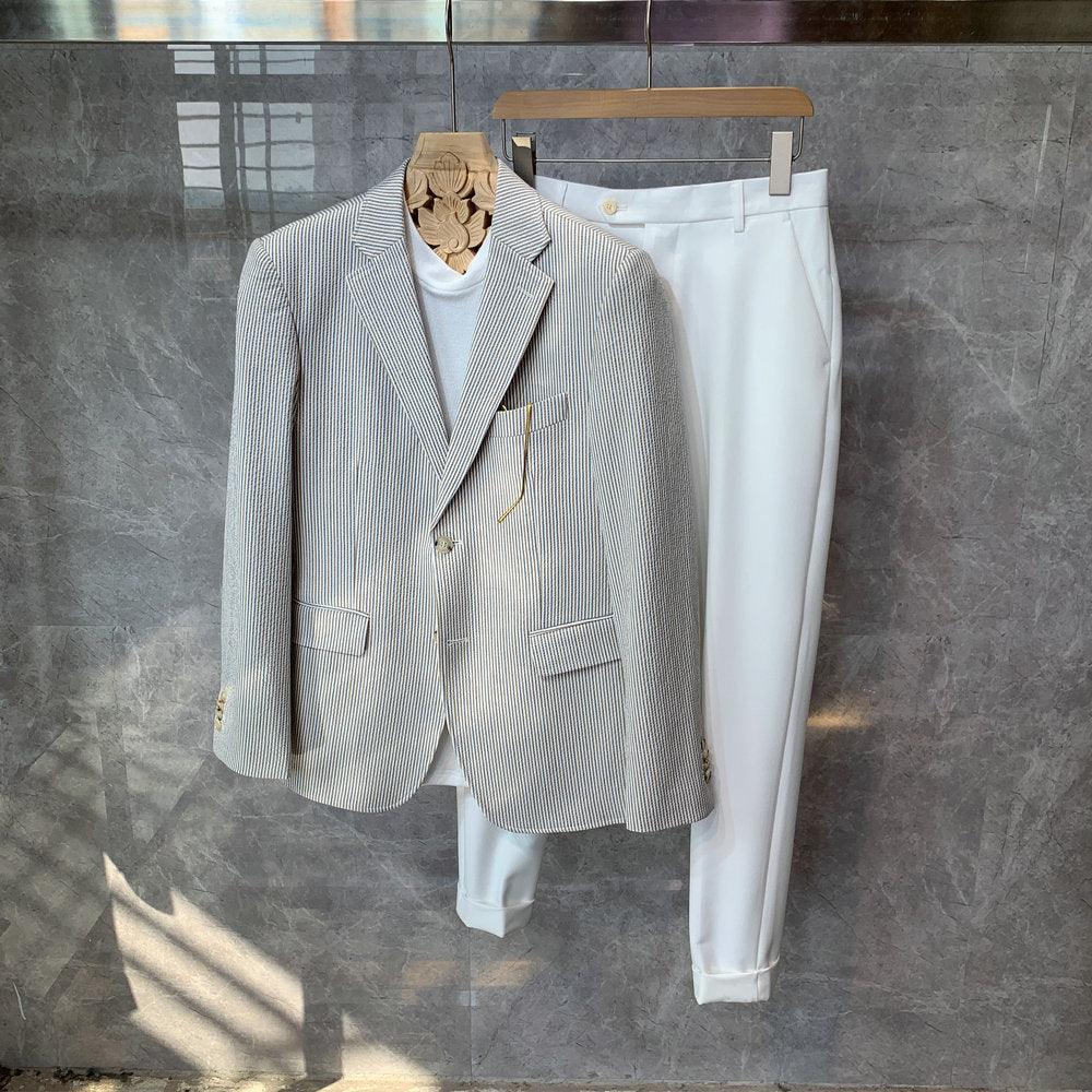 British Wind Blue White Stripe Slim Fit Blazer For Men - melvincucci