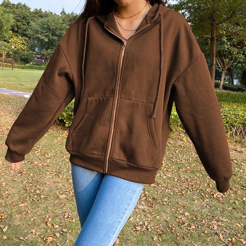 Brown Y2K Aesthetic Hoodies Women Zip Up Sweatshirt Hooded - melvincucci