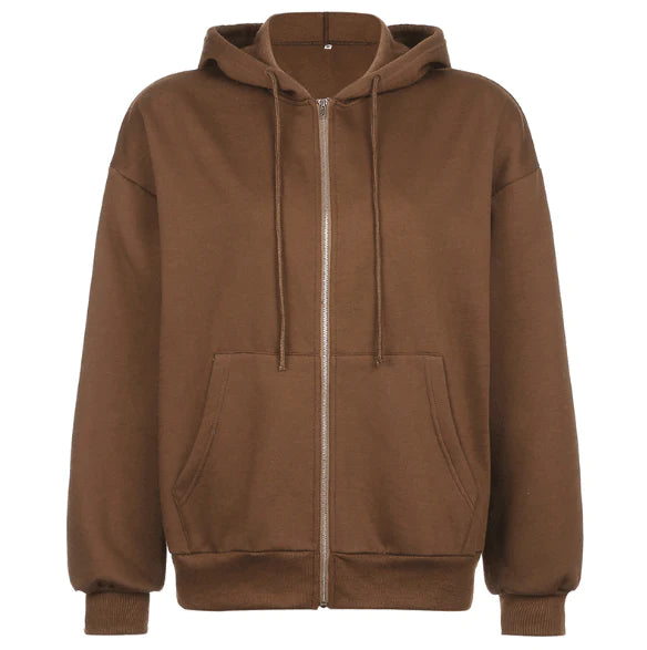 Brown Y2K Aesthetic Hoodies Women Zip Up Sweatshirt Hooded - melvincucci