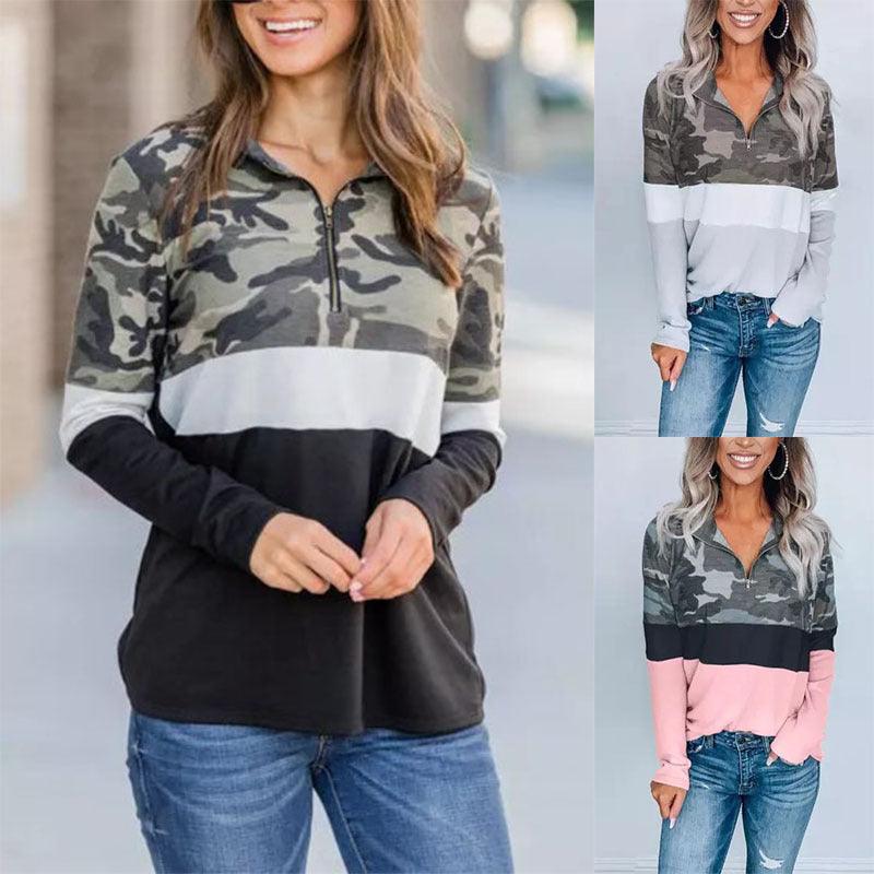 Camouflage Print Zip V-Neck Long Sleeve Sweatshirt Women - melvincucci