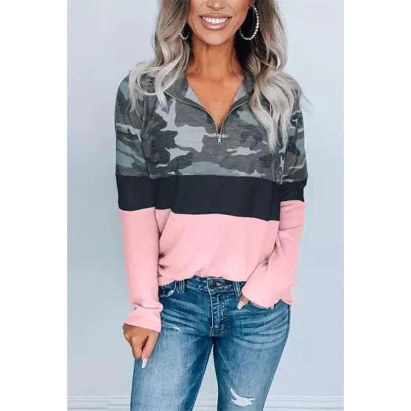 Camouflage Print Zip V-Neck Long Sleeve Sweatshirt Women - melvincucci