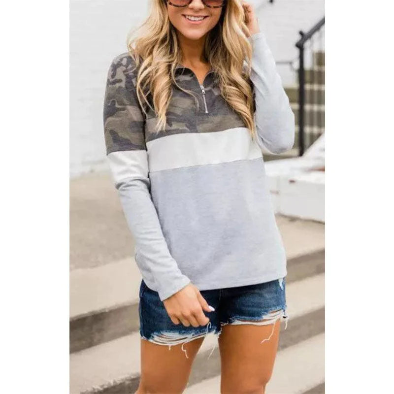 Camouflage Print Zip V-Neck Long Sleeve Sweatshirt Women - melvincucci
