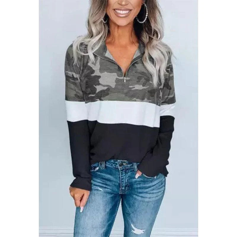 Camouflage Print Zip V-Neck Long Sleeve Sweatshirt Women - melvincucci