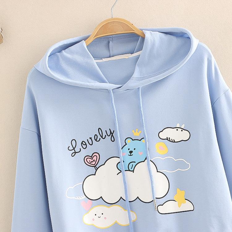 Cartoon Bear Print Casual Hooded Sweatshirt Women - melvincucci