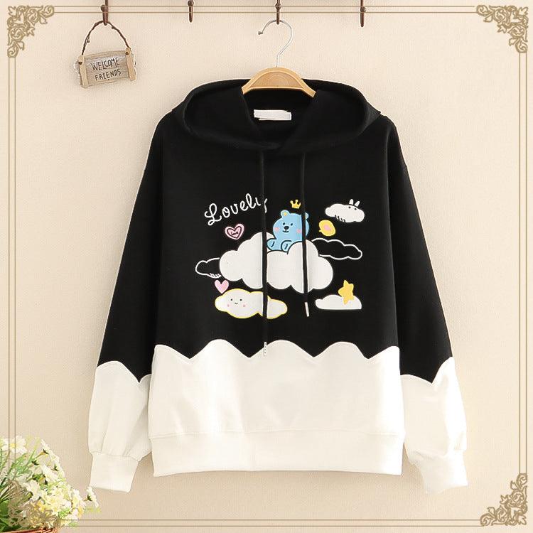 Cartoon Bear Print Casual Hooded Sweatshirt Women - melvincucci