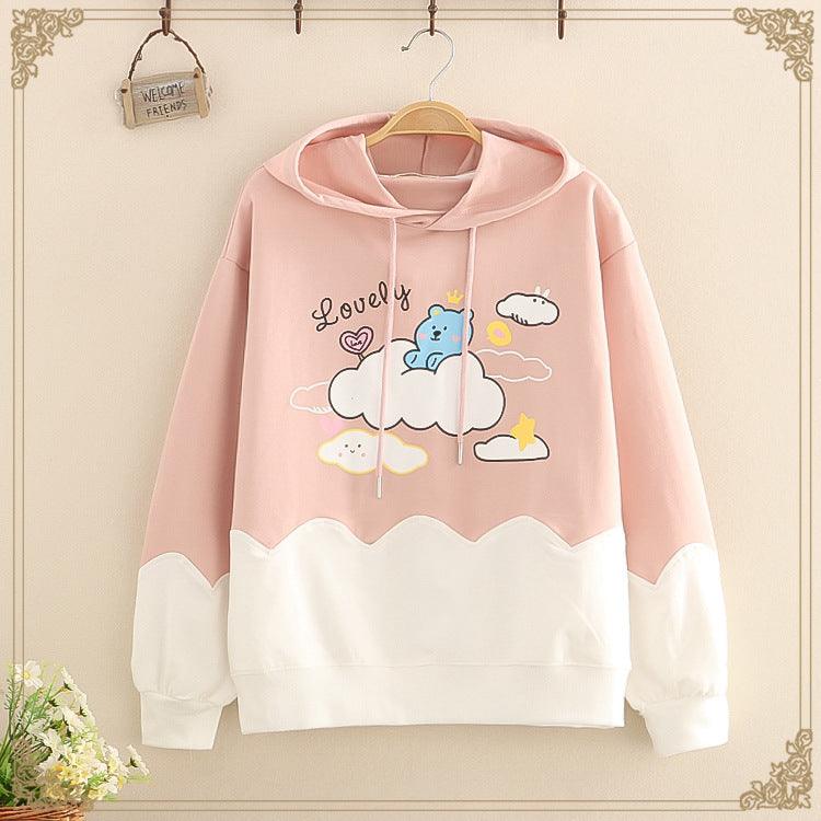 Cartoon Bear Print Casual Hooded Sweatshirt Women - melvincucci