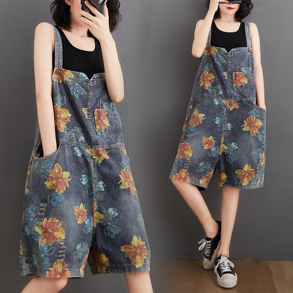 Casual Oversized Denim Printed And Washed Overalls For Women - melvincucci